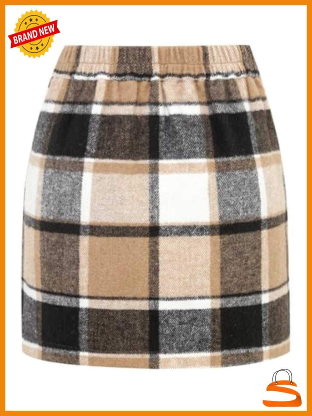 Wool Blend Plaid Mini Pencil Skirt High Elastic Waist - Picture 3 of 4